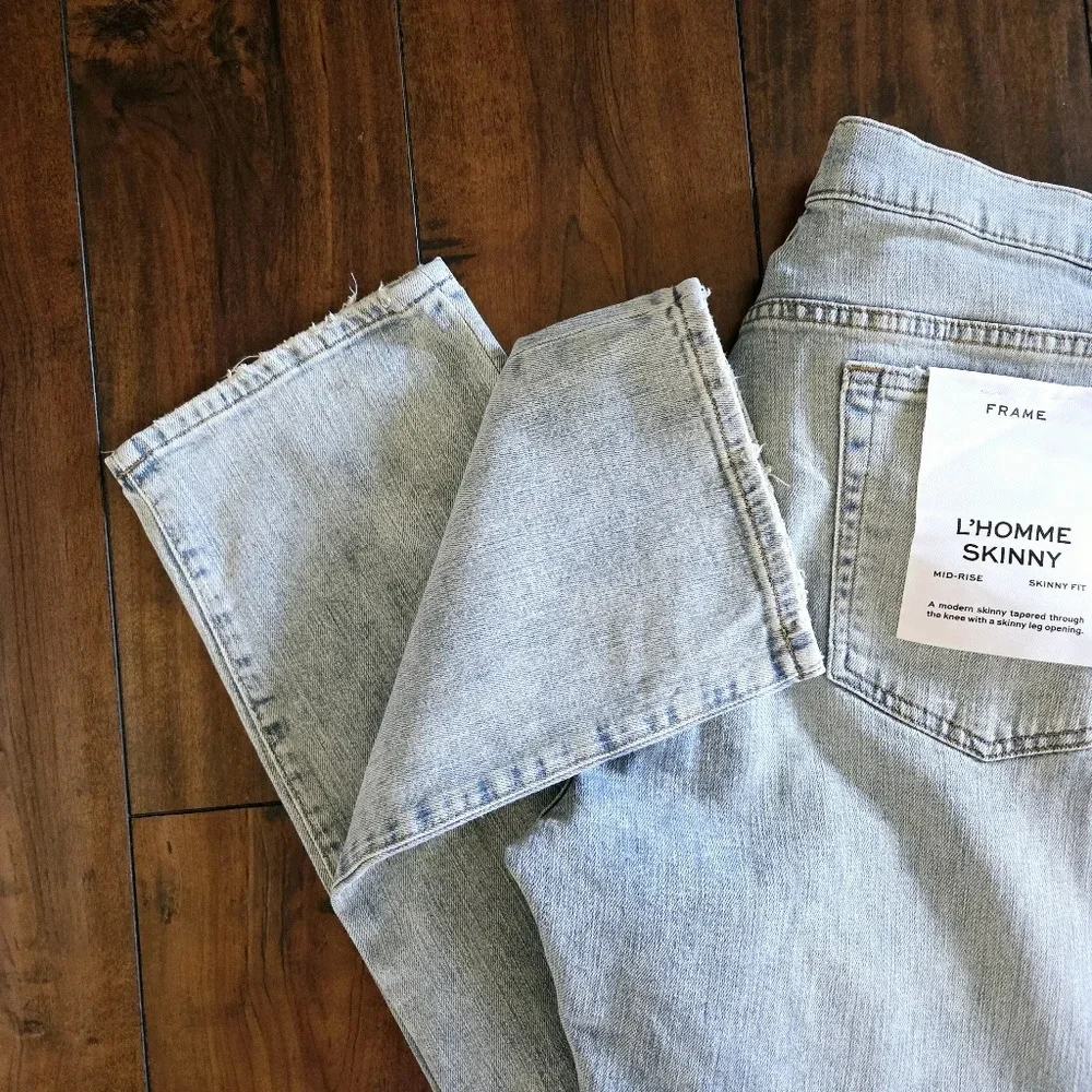Frame Men's Denim L'Homme Skinny Fit Mid Rise Light Wash Distressed Jeans Sz 38